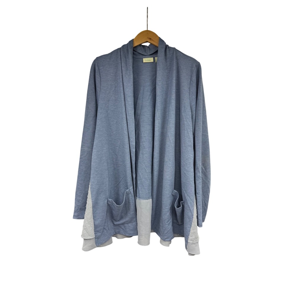LOGO Lounge Lori Goldstein Blue Open Front Cardigan Swiss Dot Layered Hem Large